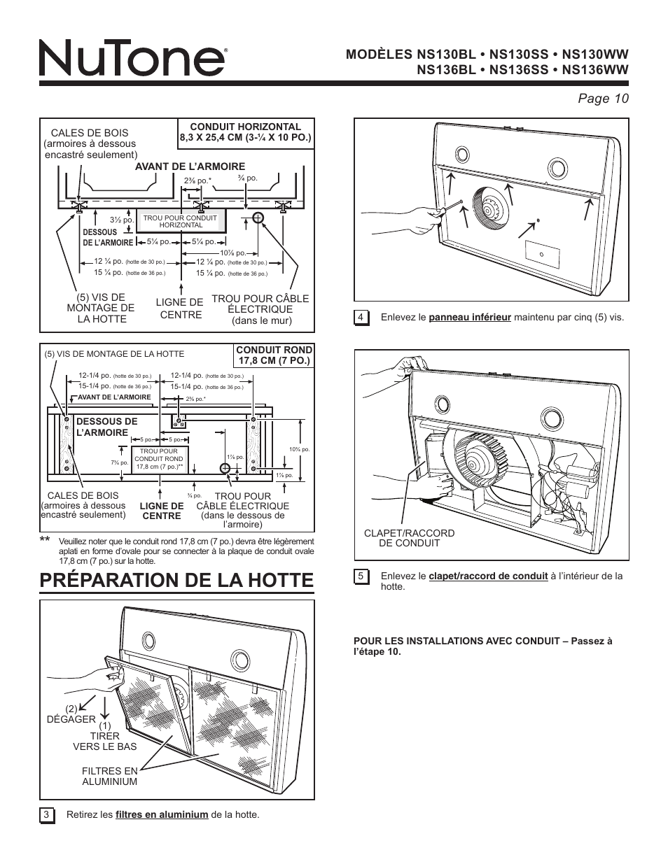 Préparation de la hotte | NuTone NS136BL User Manual | Page 10 / 21