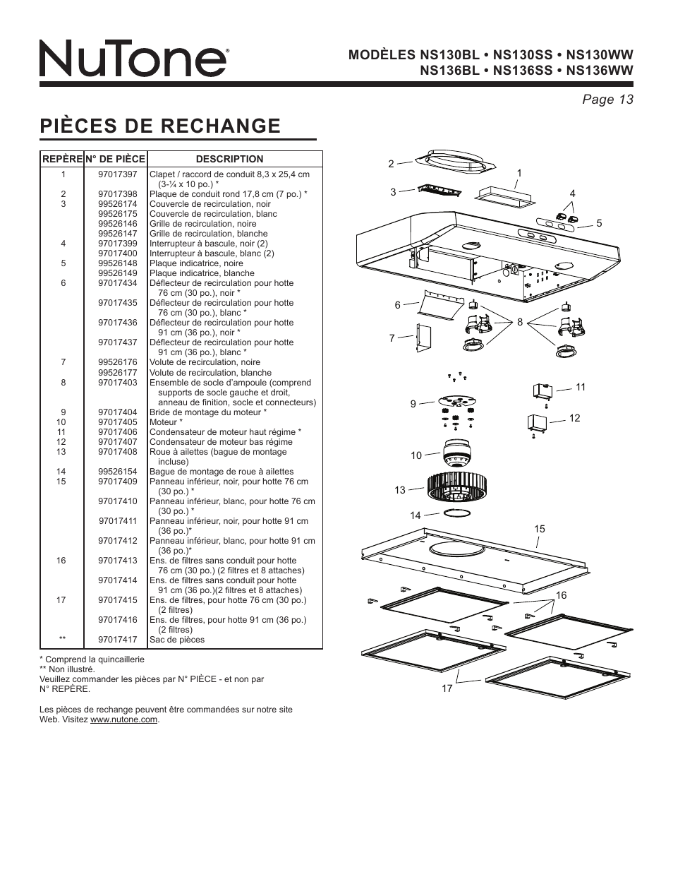 Pièces de rechange | NuTone NS136BL User Manual | Page 13 / 21