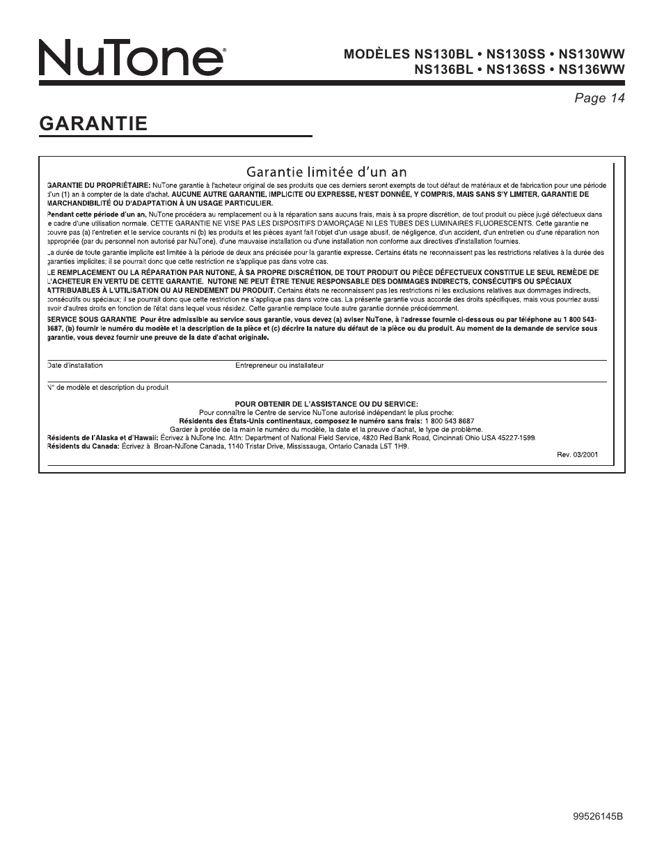 Garantie | NuTone NS136BL User Manual | Page 14 / 21