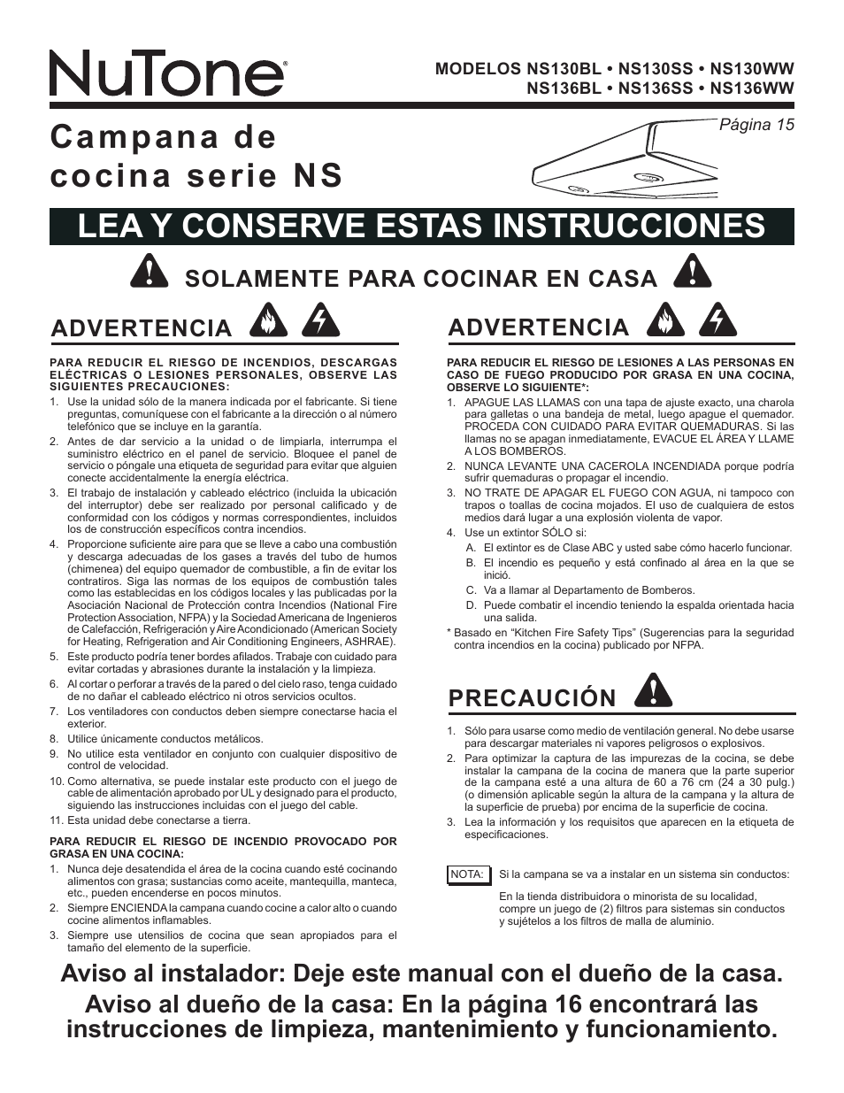 Advertencia, Precaución, Solamente para cocinar en casa advertencia | NuTone NS136BL User Manual | Page 15 / 21