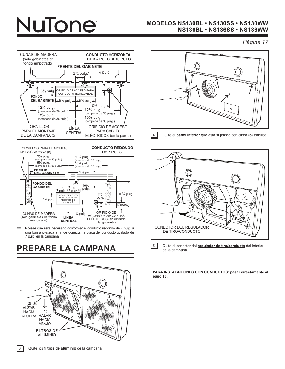 Prepare la campana | NuTone NS136BL User Manual | Page 17 / 21