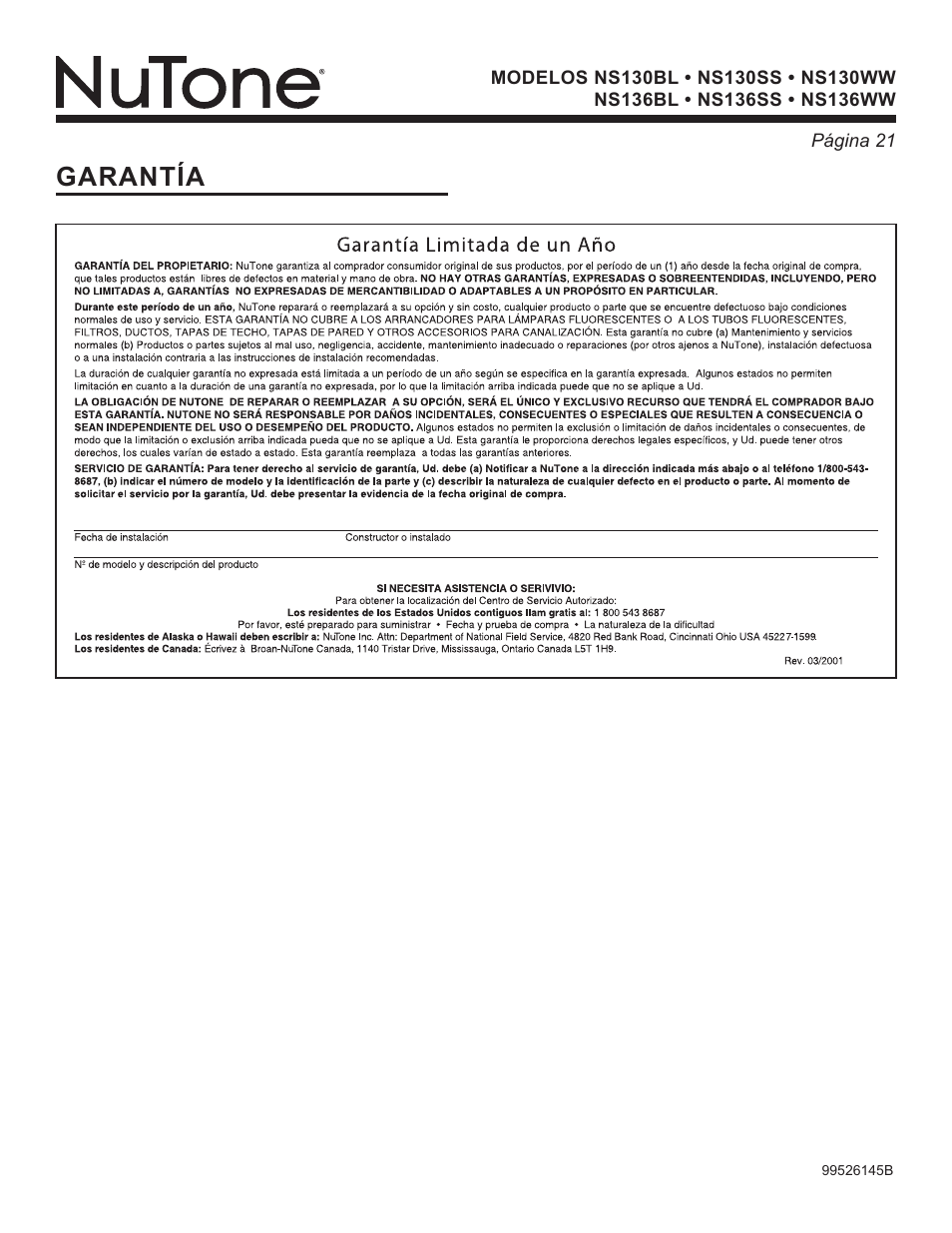 Garantía | NuTone NS136BL User Manual | Page 21 / 21