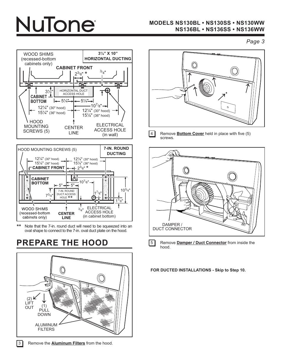 Prepare the hood | NuTone NS136BL User Manual | Page 3 / 21