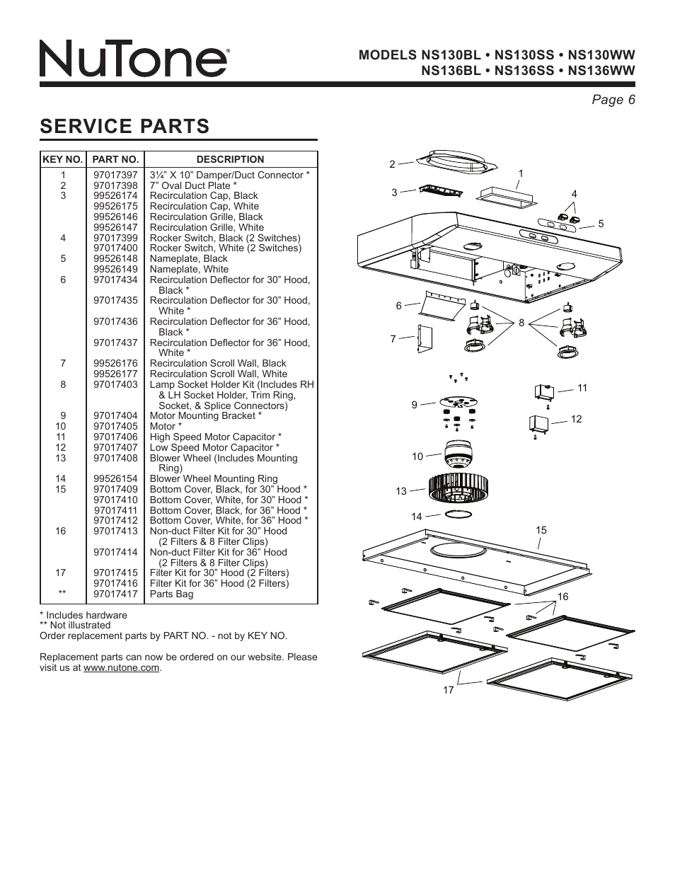 Service parts | NuTone NS136BL User Manual | Page 6 / 21