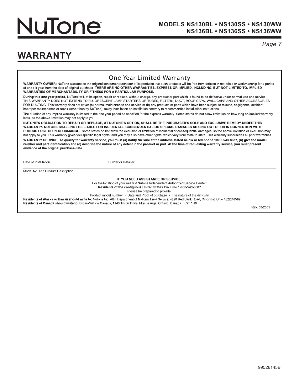 Warranty | NuTone NS136BL User Manual | Page 7 / 21
