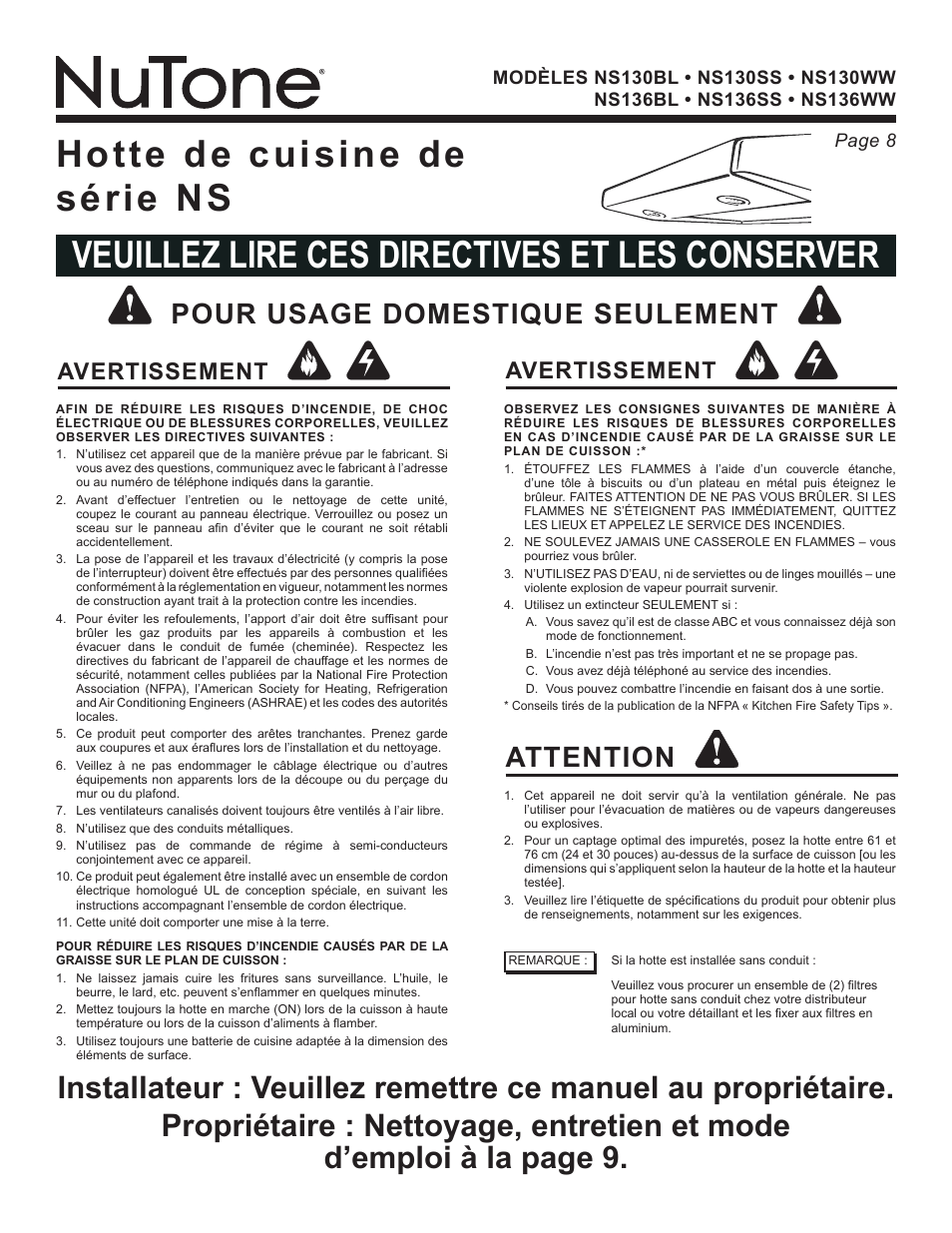 Attention, Pour usage domestique seulement, Avertissement | NuTone NS136BL User Manual | Page 8 / 21