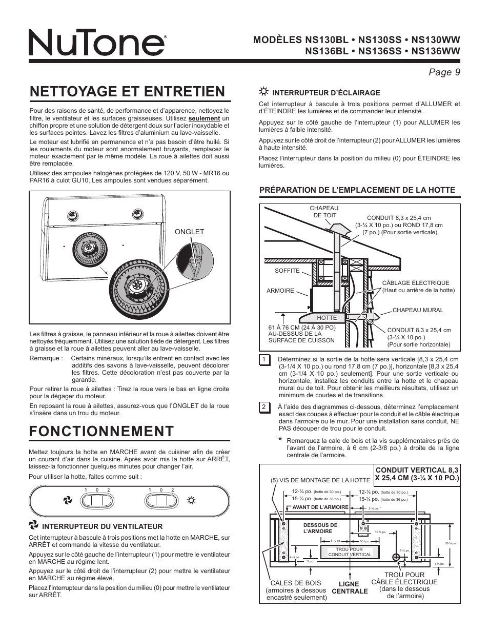 Nettoyage et entretien, Fonctionnement | NuTone NS136BL User Manual | Page 9 / 21