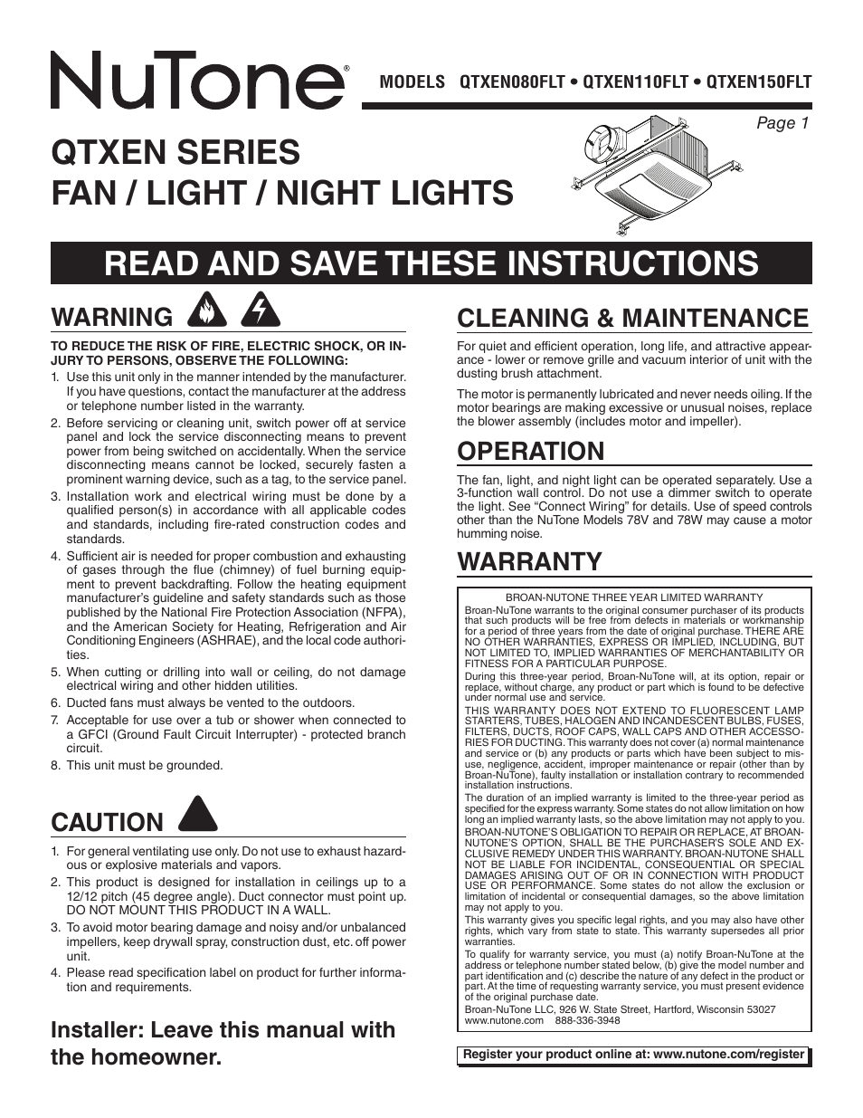 NuTone QTXEN080FLT User Manual | 8 pages