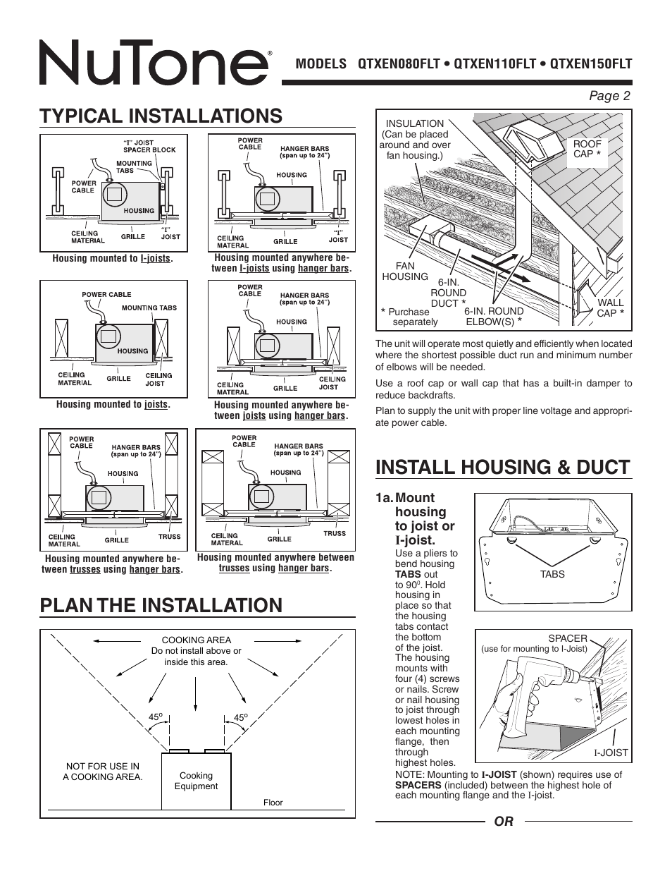 Typical installations, Plan the installation, Install housing & duct | NuTone QTXEN080FLT User Manual | Page 2 / 8