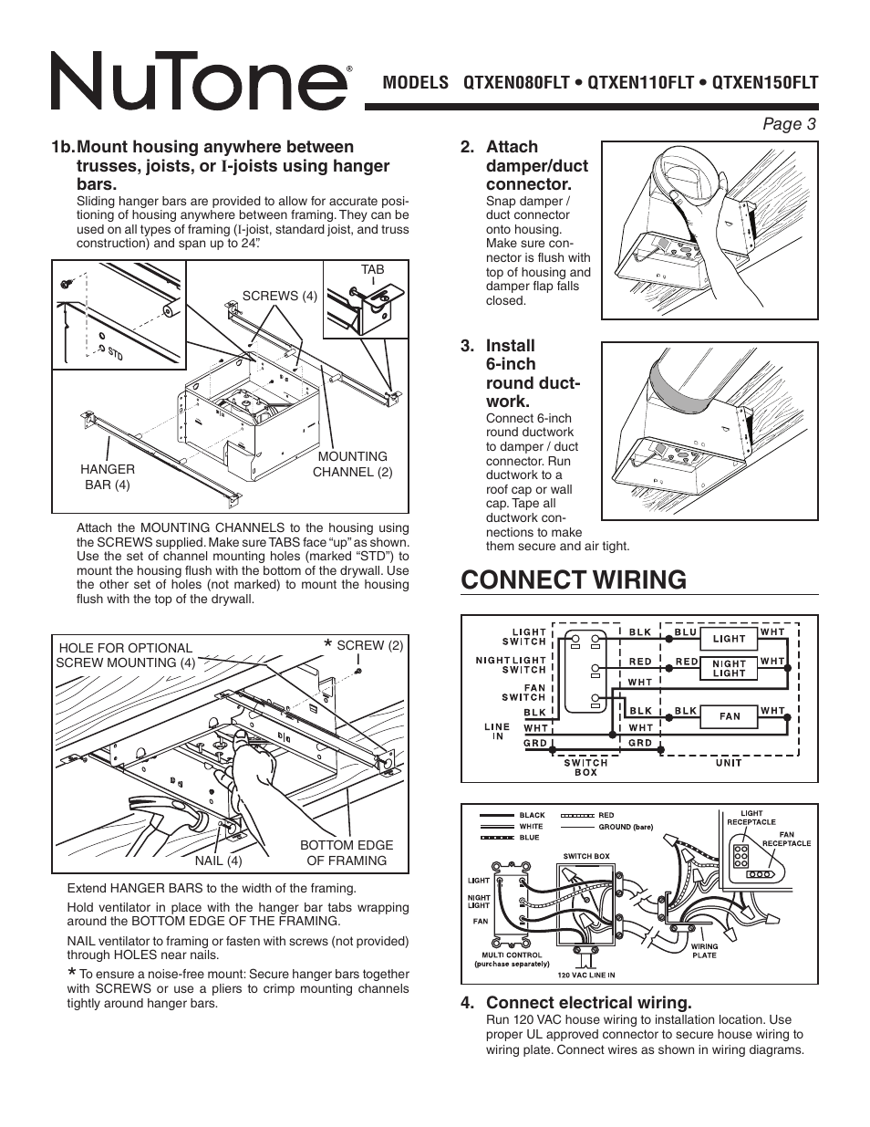 Connect wiring | NuTone QTXEN080FLT User Manual | Page 3 / 8