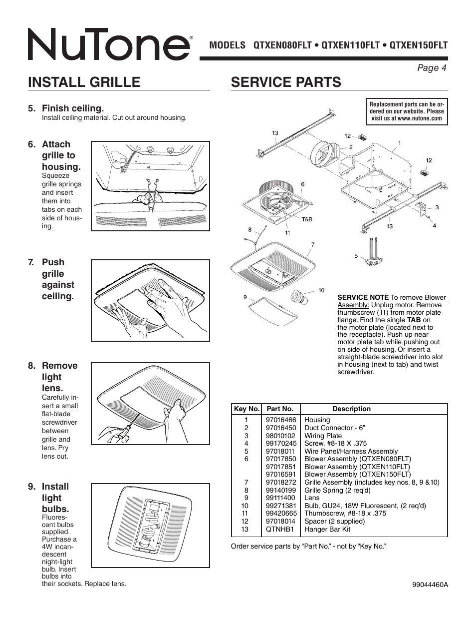 Service parts, Install grille | NuTone QTXEN080FLT User Manual | Page 4 / 8