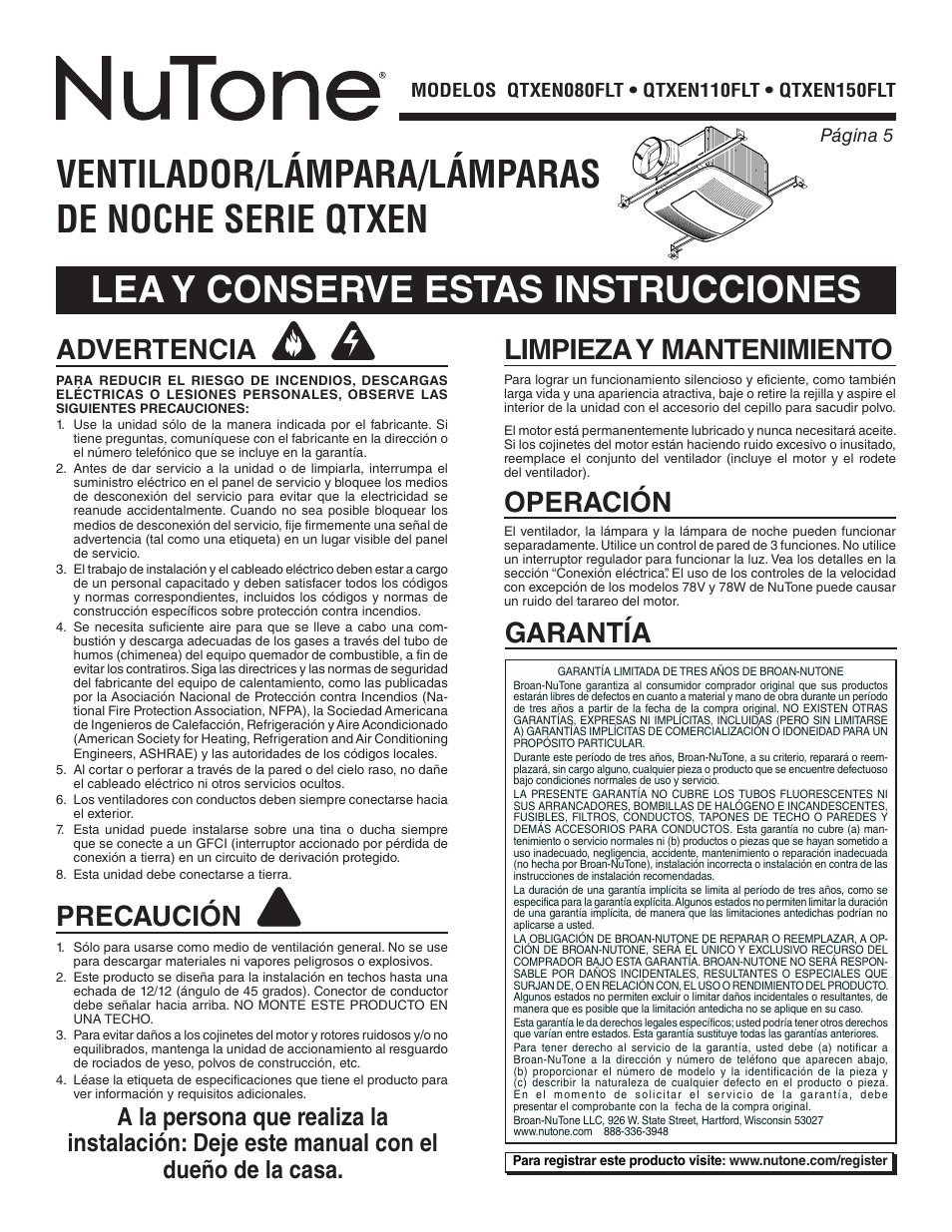 Advertencia, Precaución, Limpieza y mantenimiento | Operación, Garantía | NuTone QTXEN080FLT User Manual | Page 5 / 8