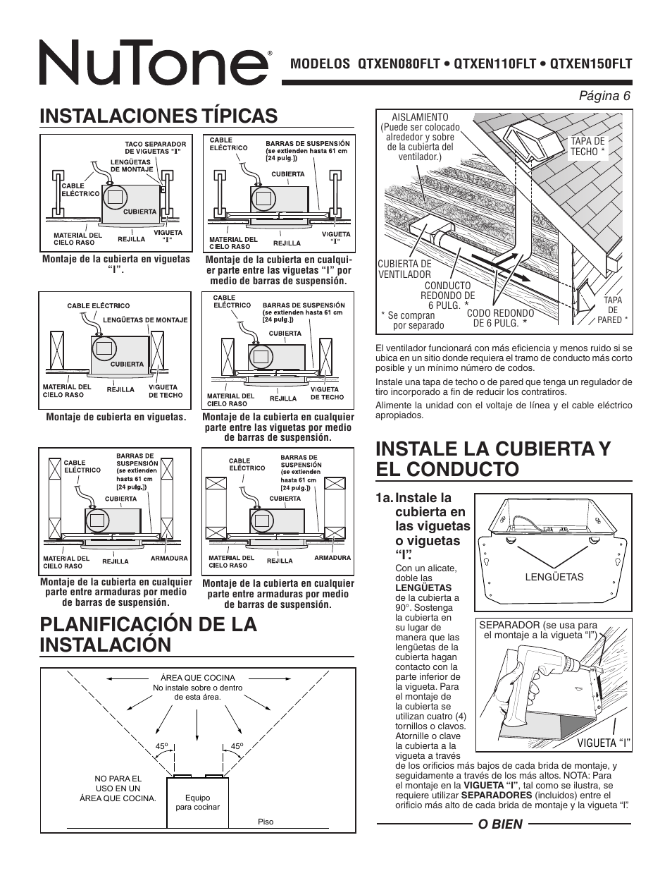 Instale la cubierta y el conducto, O bien | NuTone QTXEN080FLT User Manual | Page 6 / 8