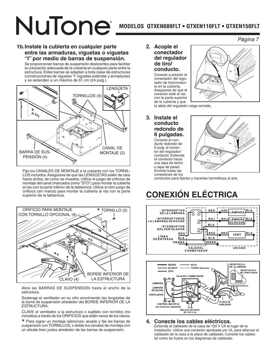 Conexión eléctrica, Instale el conducto redondo de 6 pulgadas | NuTone QTXEN080FLT User Manual | Page 7 / 8