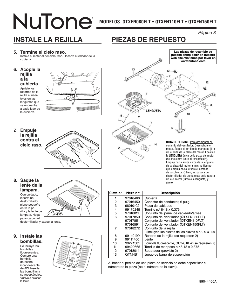 Piezas de repuesto, Instale la rejilla, Termine el cielo raso | Acople la rejilla a la cubierta, Instale las bombillas | NuTone QTXEN080FLT User Manual | Page 8 / 8