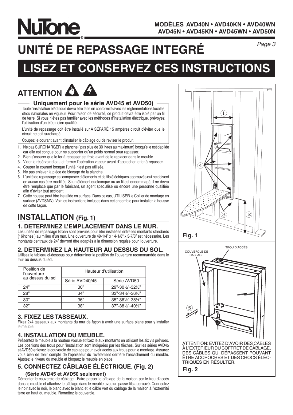 Installation, Attention, Fig. 1) 1. determinez l’emplacement dans le mur | Determinez la hauteur au dessus du sol, Fixez les tasseaux, Installation du meuble, Connectez câblage éléctrique. (fig. 2), Uniquement pour le série avd45 et avd50), Fig. 1 fig. 2, Modèles | NuTone AVD50N User Manual | Page 3 / 8