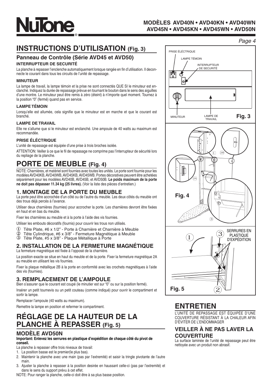 Instructions d’utilisation, Porte de meuble, Réglage de la hauteur de la planche à repasser | Entretien, Fig. 4), Montage de la porte du meuble, Installation de la fermeture magnétique, Remplacement de l’ampoule, Fig. 5) modèle avd50n, Veiller à ne pas laver la couverture | NuTone AVD50N User Manual | Page 4 / 8