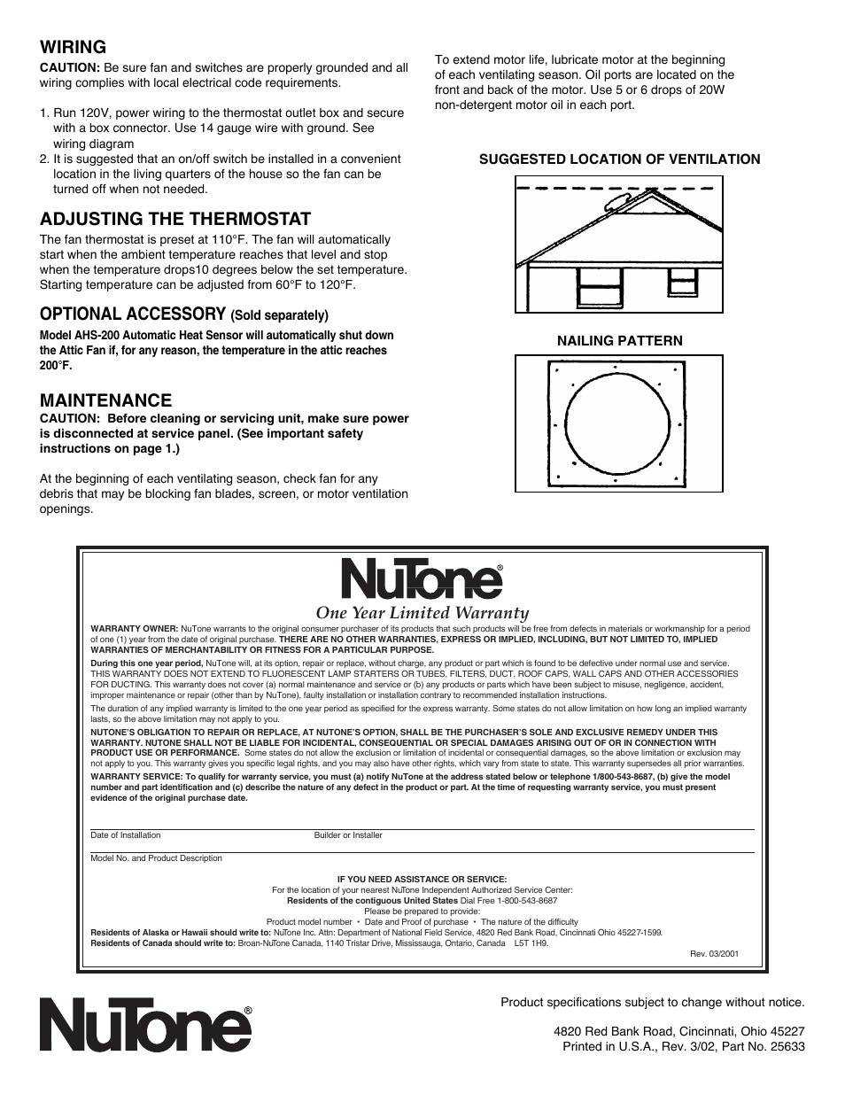 Wiring, Adjusting the thermostat, Optional accessory | Maintenance, One year limited warranty | NuTone Power Attic Ventilator RF-49 Series User Manual | Page 2 / 7