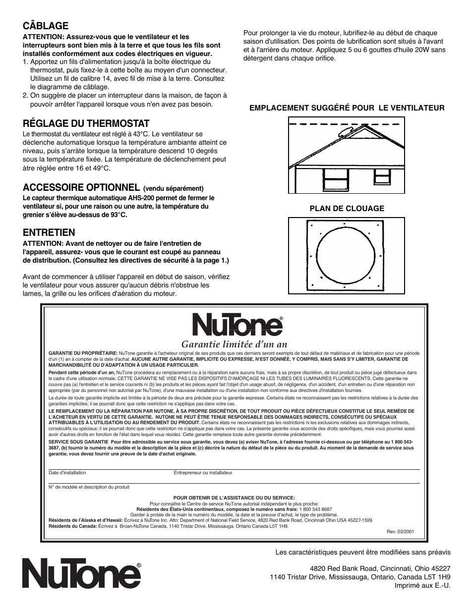 Câblage, Réglage du thermostat, Accessoire optionnel | Entretien, Garantie limitée d’un an | NuTone Power Attic Ventilator RF-49 Series User Manual | Page 4 / 7