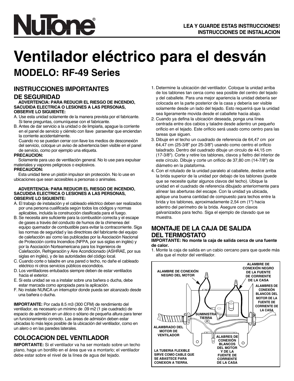 Ventilador eléctrico para el desván, Modelo: rf-49 series, Montaje de la caja de salida del termostato | Instrucciones importantes de seguridad, Colocacion del ventilador | NuTone Power Attic Ventilator RF-49 Series User Manual | Page 5 / 7
