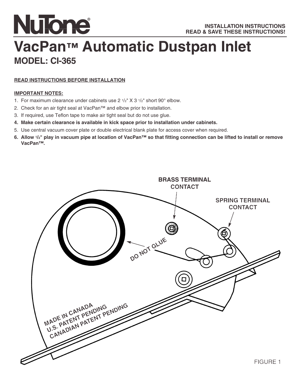 NuTone VAC PAN CI-365 User Manual | 4 pages