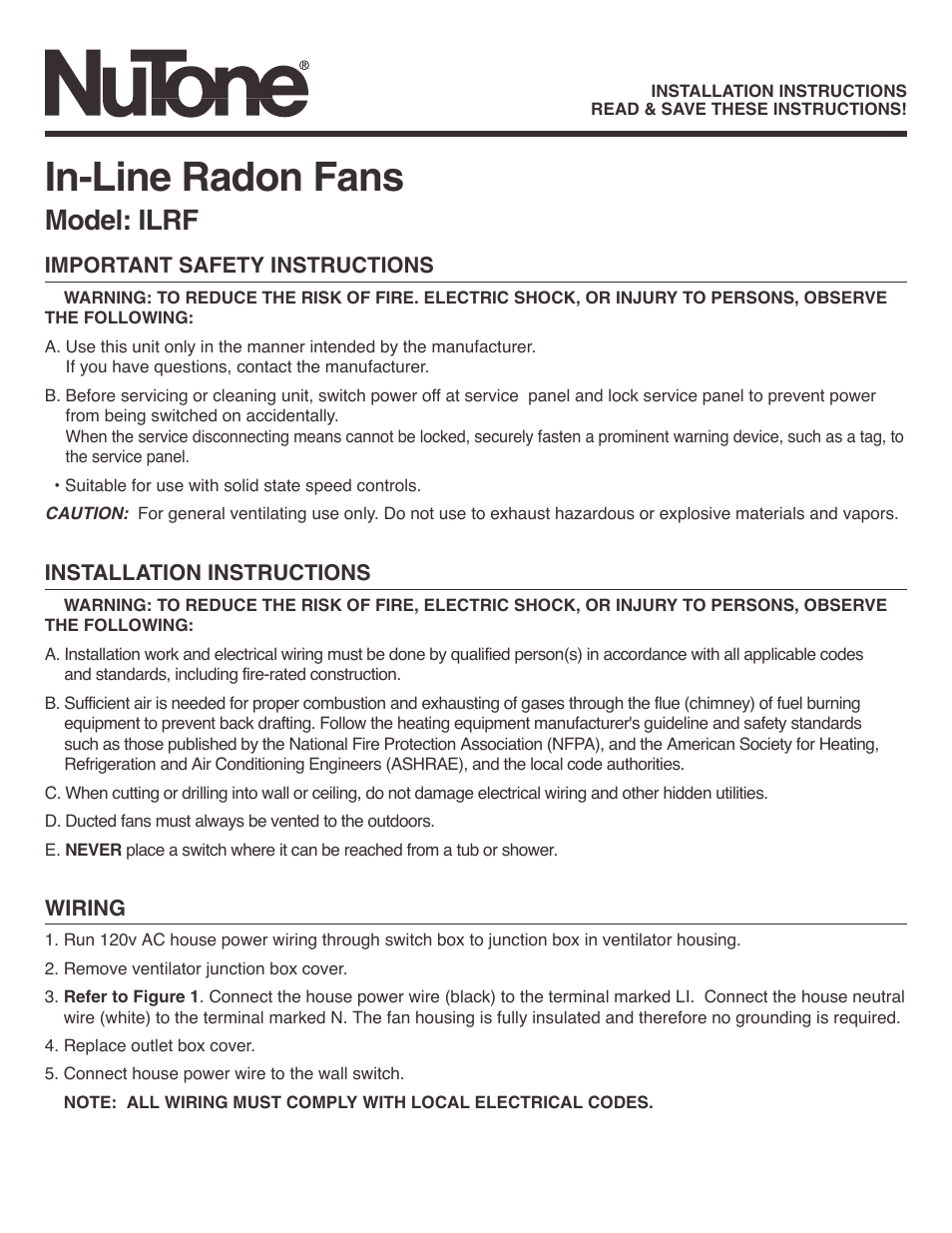 NuTone ILRF User Manual | 2 pages