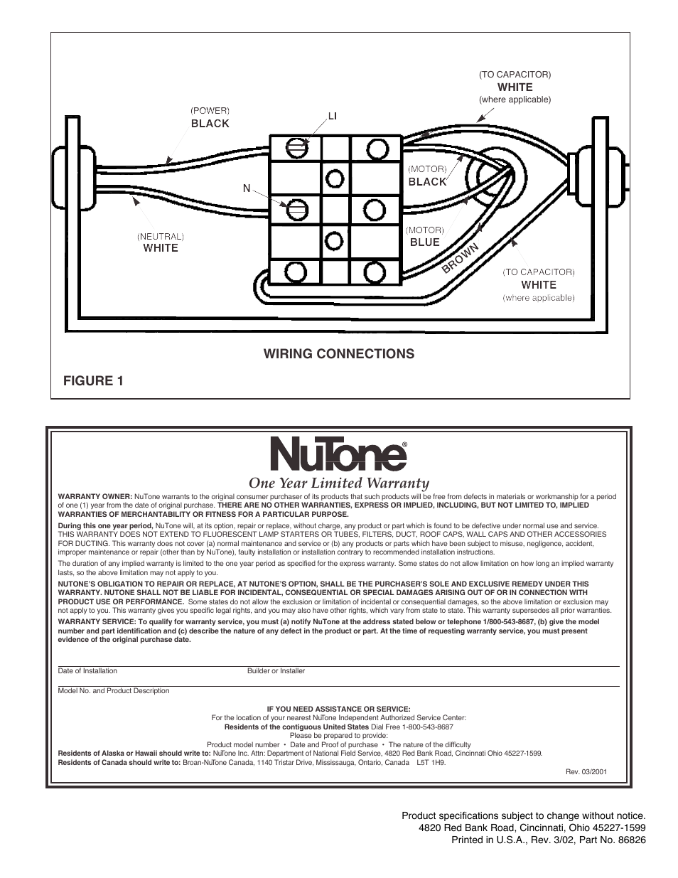 One year limited warranty, Figure 1 wiring connections | NuTone ILRF User Manual | Page 2 / 2