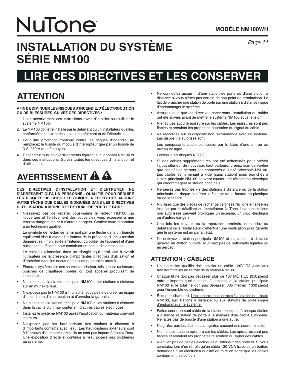 Attention avertissement, Modèle nm100wh page, Attention : câblage | NuTone Nm100WH User Manual | Page 11 / 32