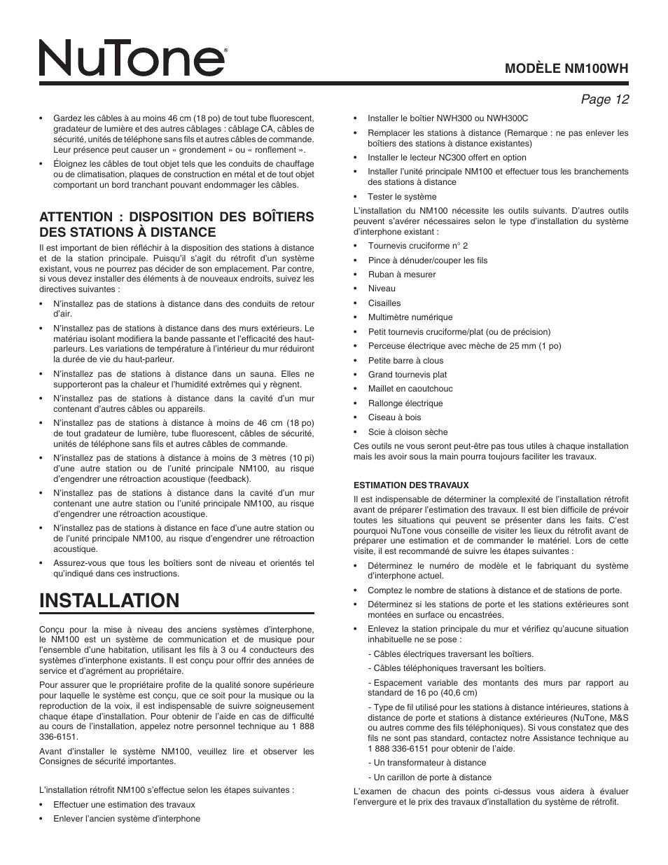Installation, Modèle nm100wh page | NuTone Nm100WH User Manual | Page 12 / 32