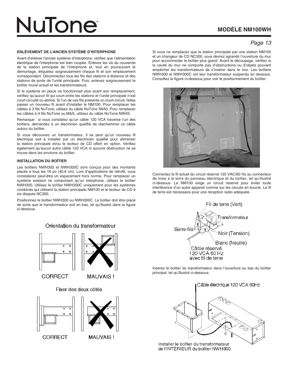 Modèle nm100wh page | NuTone Nm100WH User Manual | Page 13 / 32