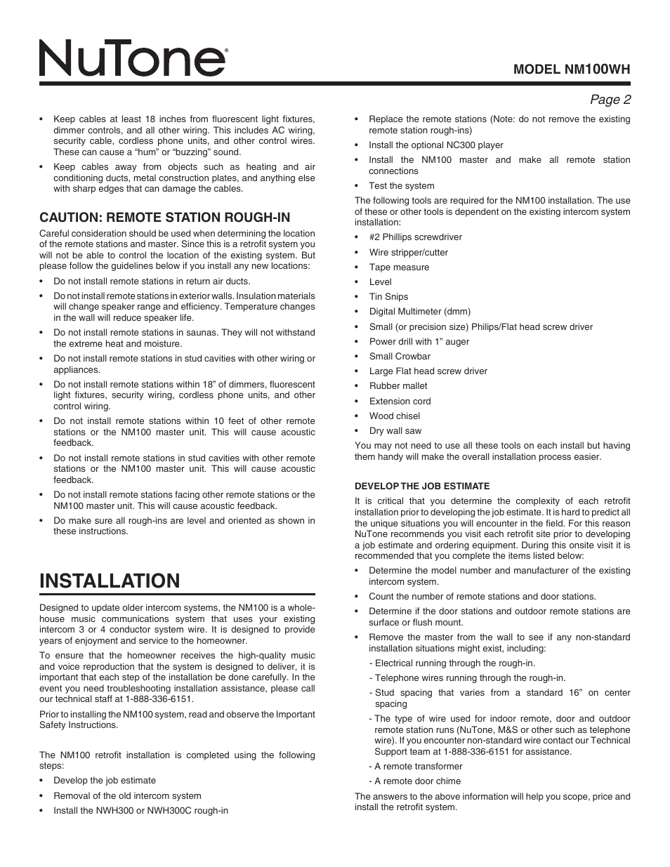 Installation, Model nm, Wh page | Caution: remote station rough-in | NuTone Nm100WH User Manual | Page 2 / 32