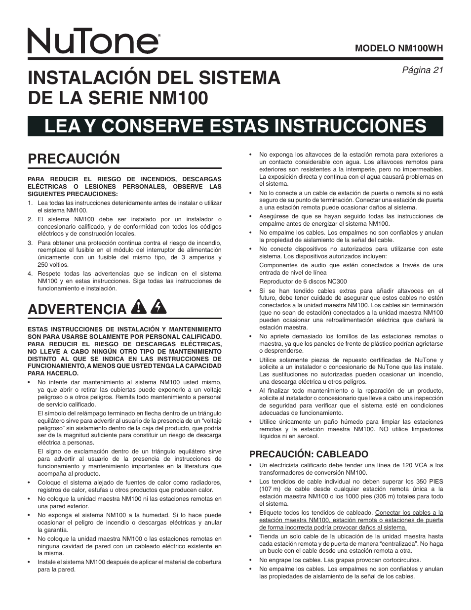 Precaución advertencia, Modelo nm100wh página, Precaución: cableado | NuTone Nm100WH User Manual | Page 21 / 32