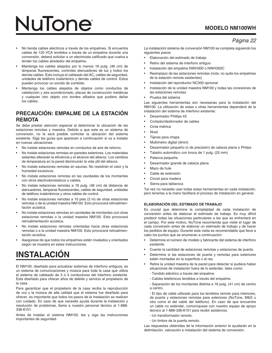 Instalación, Modelo nm100wh página, Precaución: empalme de la estación remota | NuTone Nm100WH User Manual | Page 22 / 32