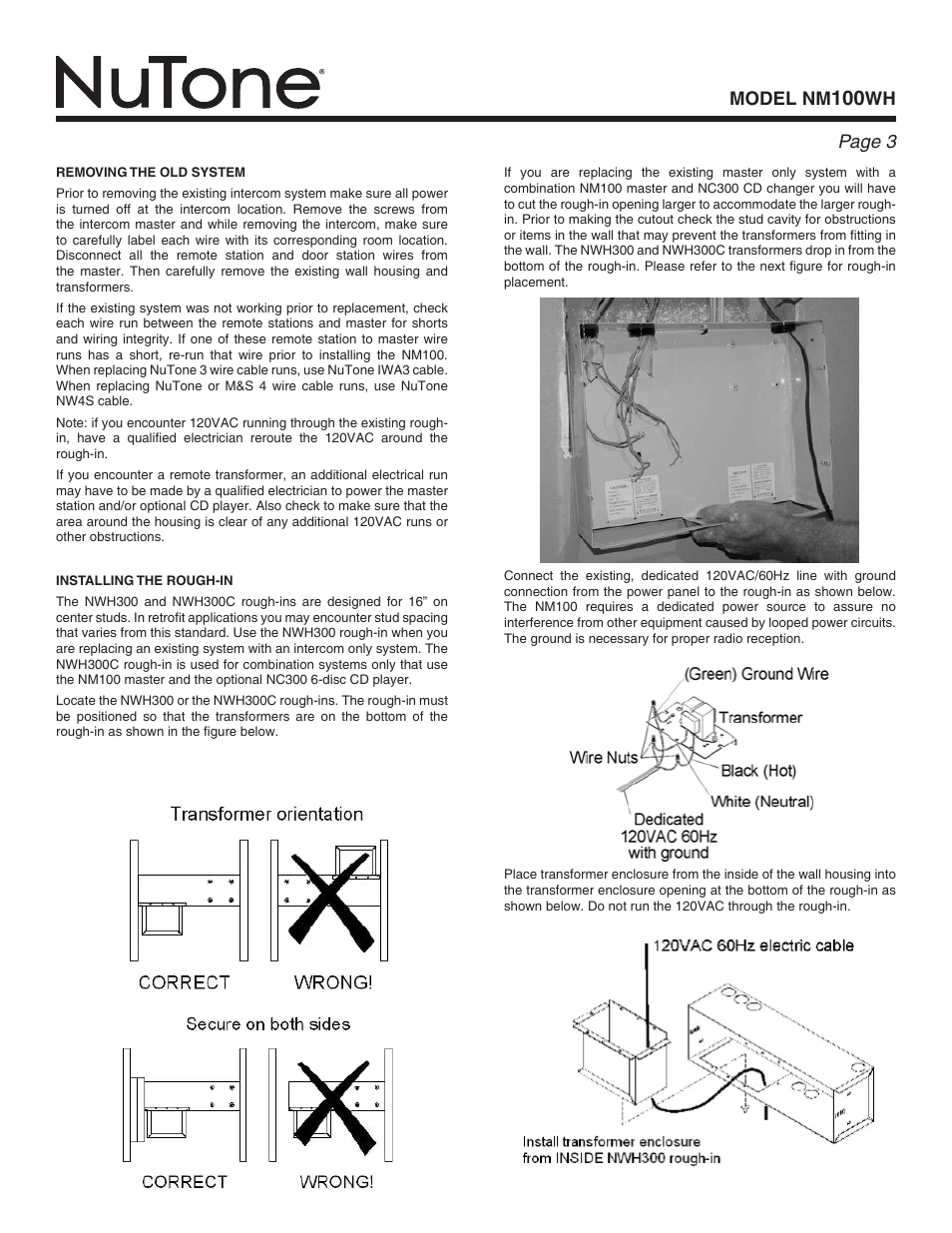 Model nm, Wh page | NuTone Nm100WH User Manual | Page 3 / 32