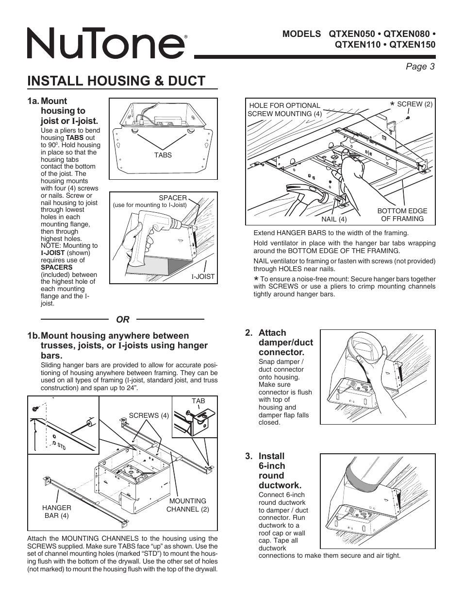Install housing & duct | NuTone QTXEN SERIES VENTILATORS QTXEN080 User Manual | Page 3 / 8