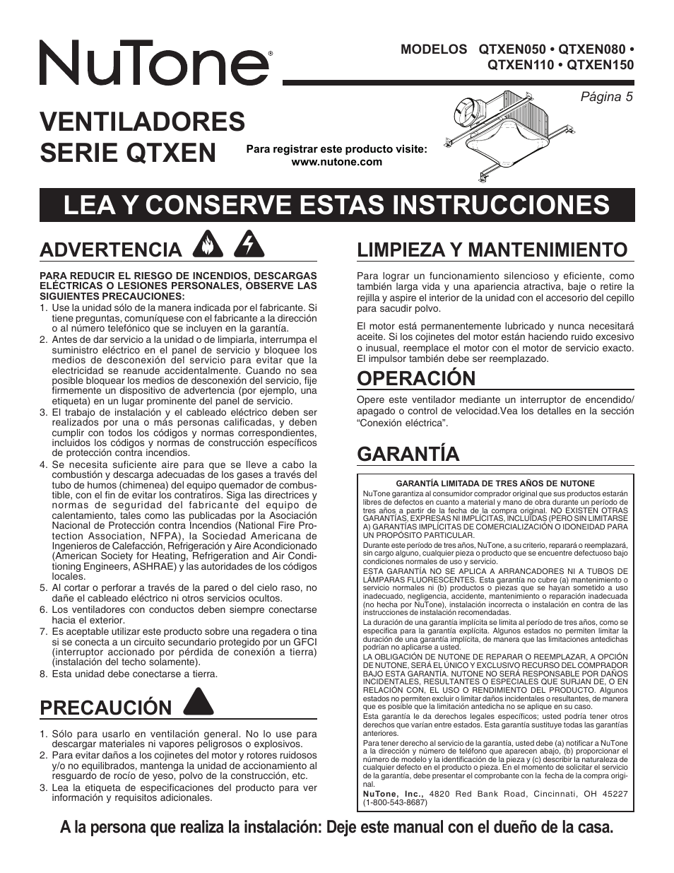 Ventiladores serie qtxen, Lea y conserve estas instrucciones, Advertencia | Precaución, Limpieza y mantenimiento garantía, Operación | NuTone QTXEN SERIES VENTILATORS QTXEN080 User Manual | Page 5 / 8