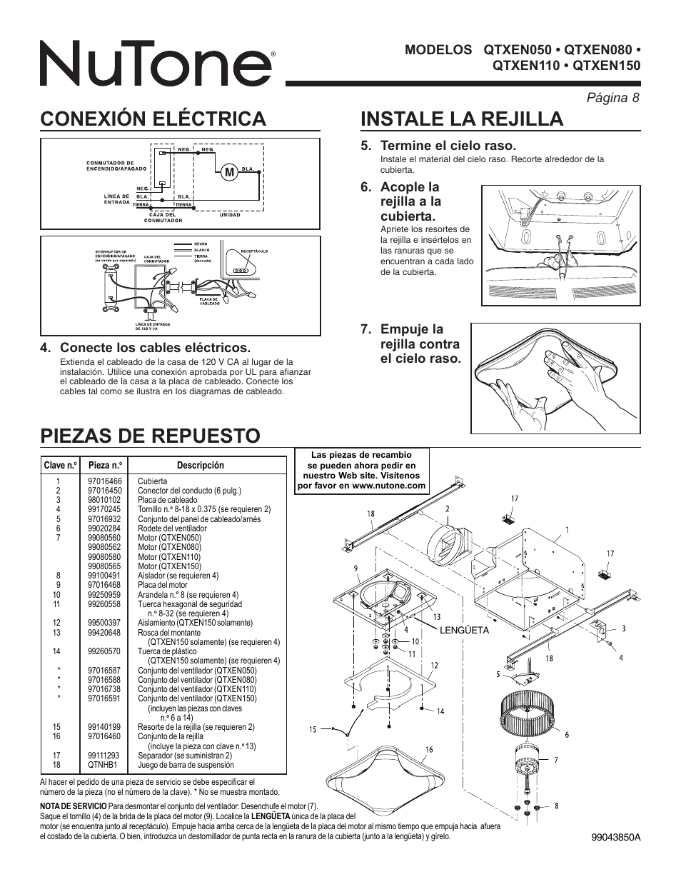 Piezas de repuesto, Instale la rejilla, Conexión eléctrica | Acople la rejilla a la cubierta, Conecte los cables eléctricos | NuTone QTXEN SERIES VENTILATORS QTXEN080 User Manual | Page 8 / 8