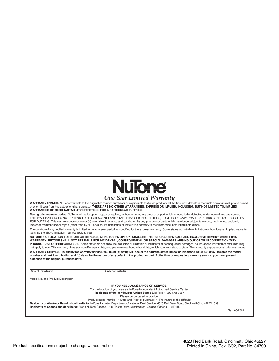 One year limited warranty | NuTone 515T User Manual | Page 2 / 2