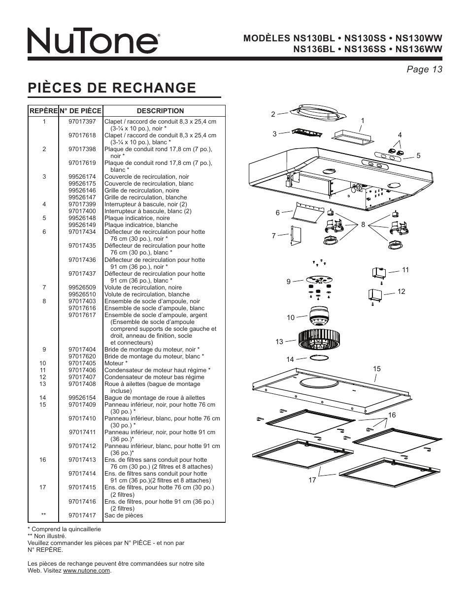 Pièces de rechange | NuTone NS Series User Manual | Page 13 / 21