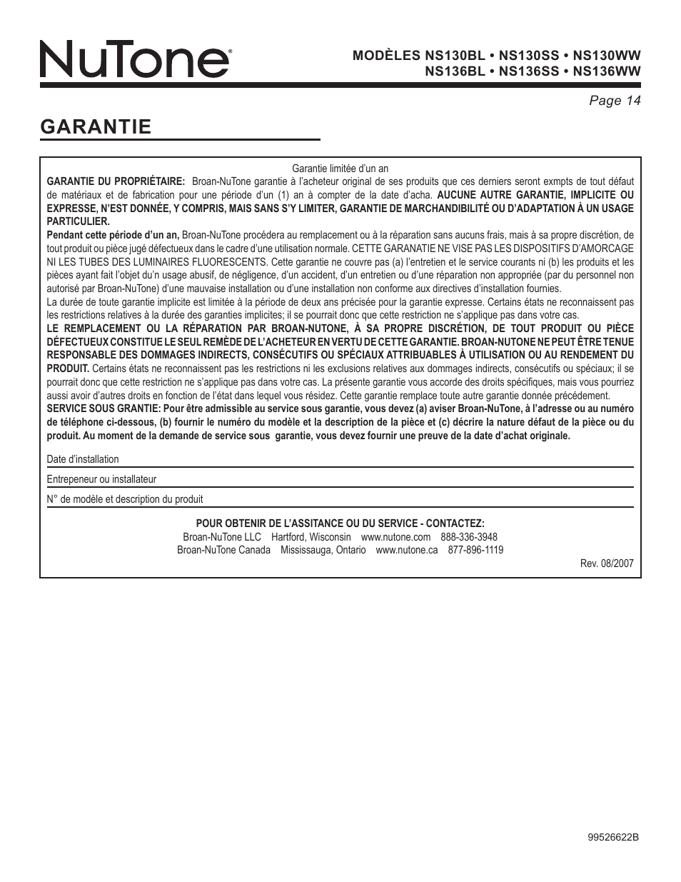 Garantie | NuTone NS Series User Manual | Page 14 / 21