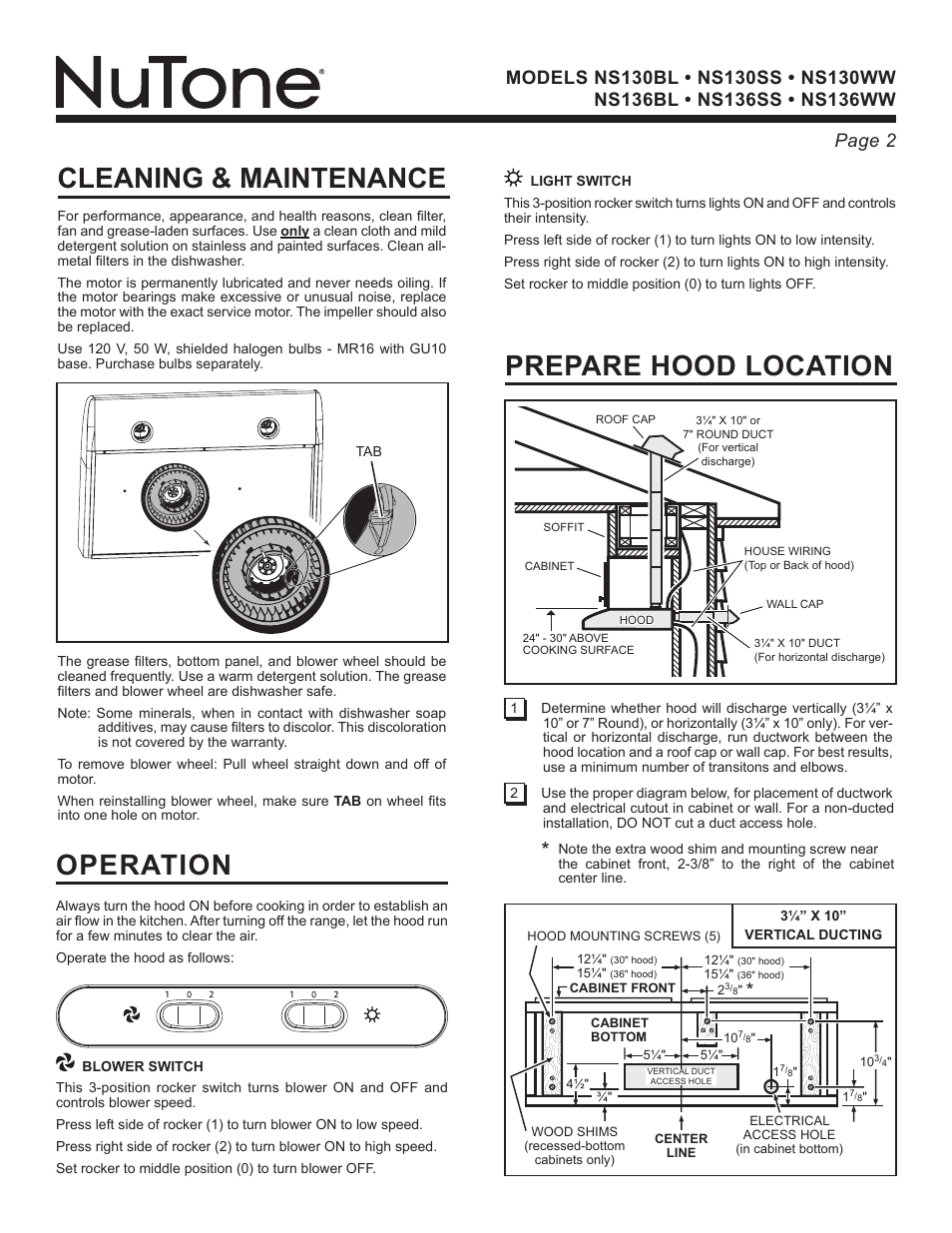 Cleaning & maintenance, Prepare hood location, Operation | NuTone NS Series User Manual | Page 2 / 21