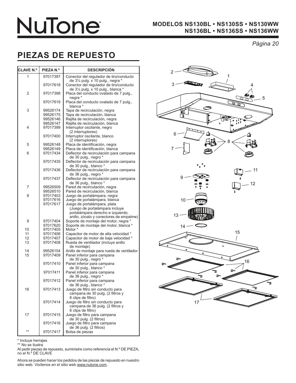 Piezas de repuesto | NuTone NS Series User Manual | Page 20 / 21