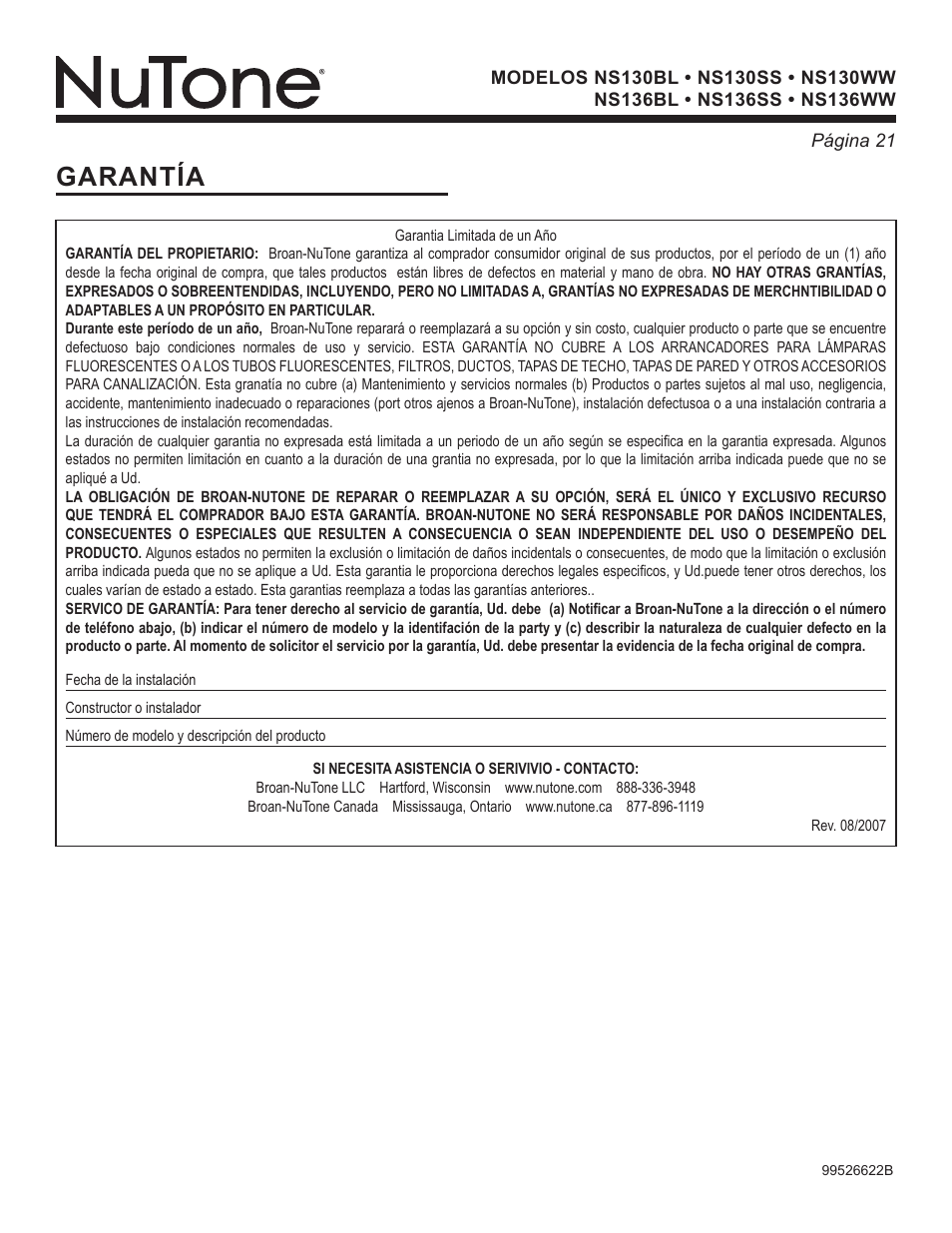 Garantía | NuTone NS Series User Manual | Page 21 / 21
