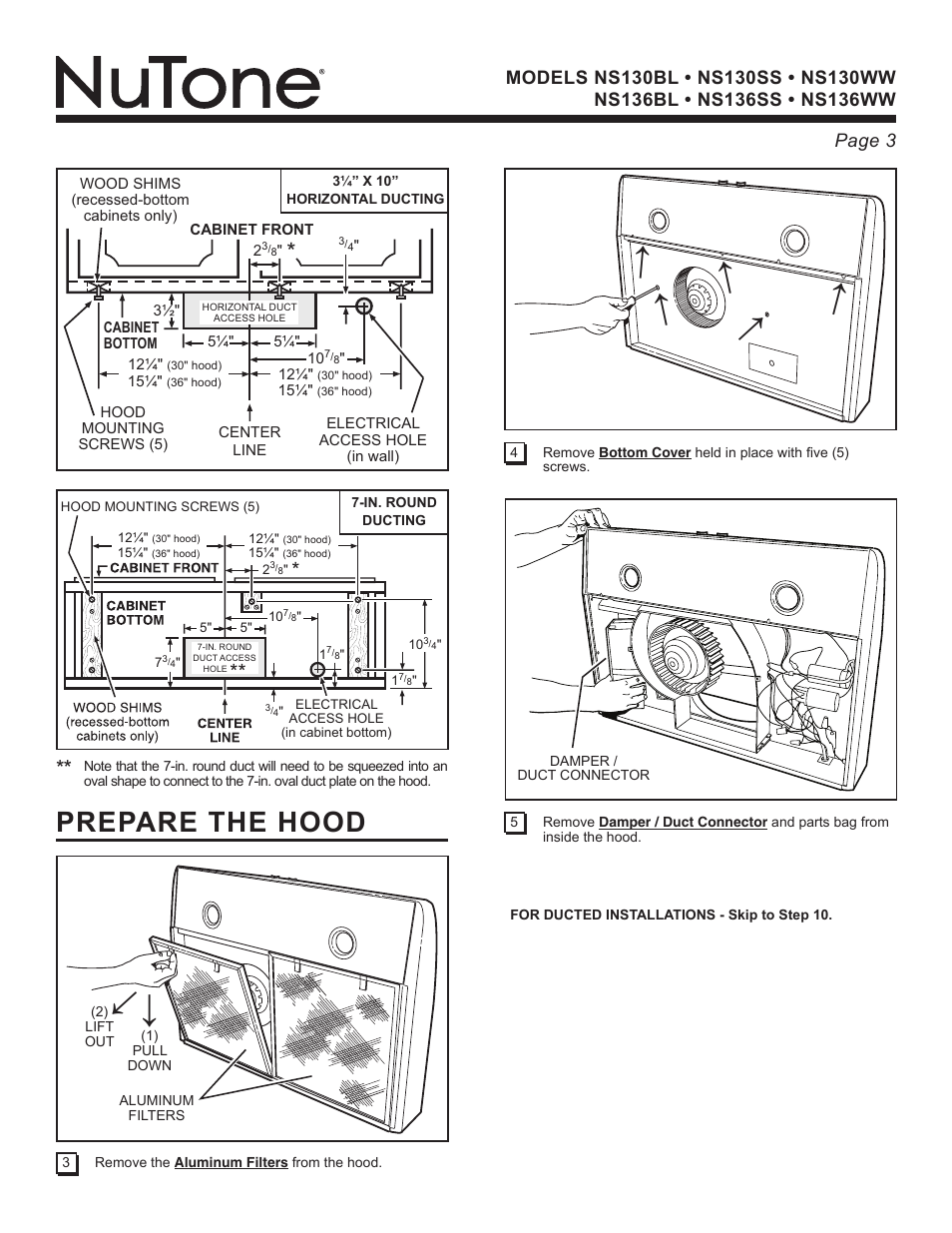 Prepare the hood | NuTone NS Series User Manual | Page 3 / 21