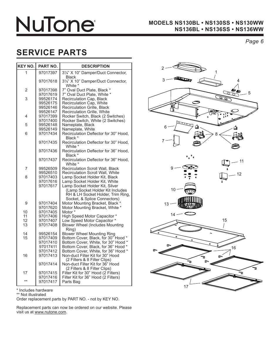 Service parts | NuTone NS Series User Manual | Page 6 / 21