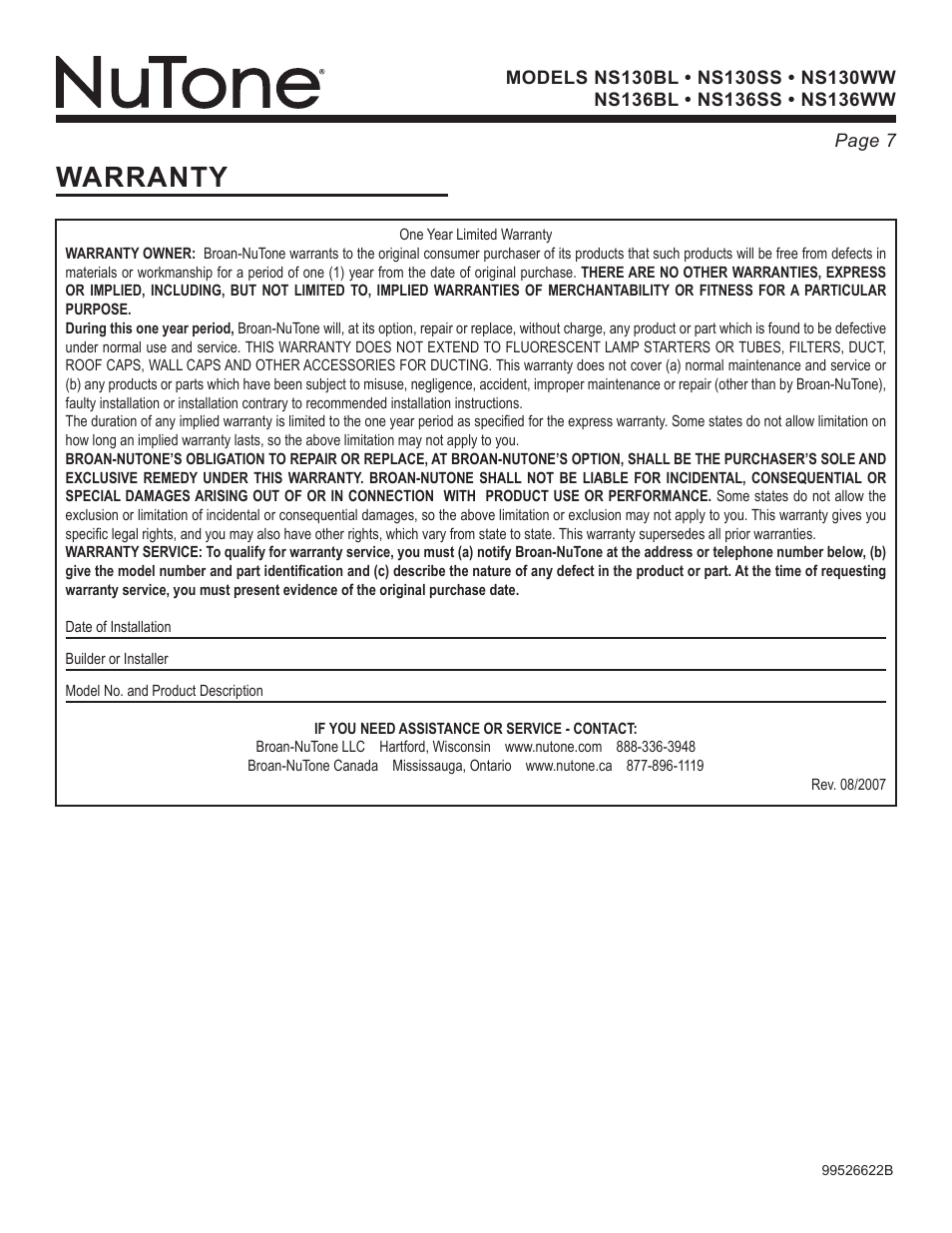 Warranty | NuTone NS Series User Manual | Page 7 / 21