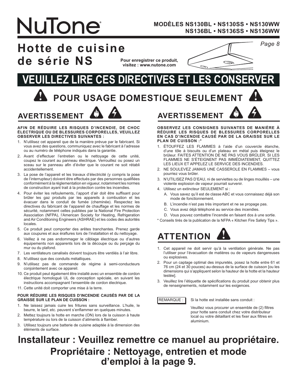 Attention, Pour usage domestique seulement, Avertissement | NuTone NS Series User Manual | Page 8 / 21