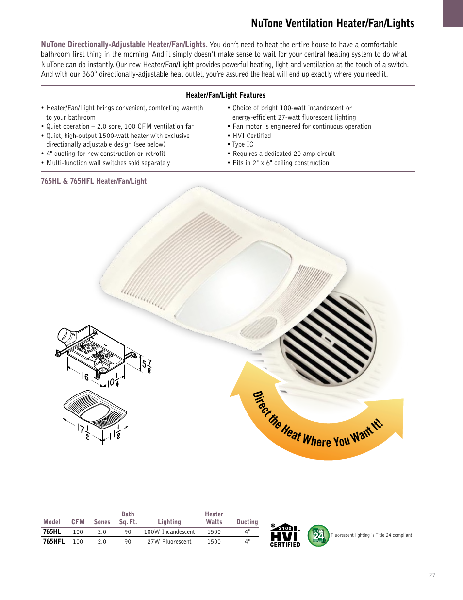 Nutone ventilation heater/fan/lights | NuTone QTXEN User Manual | Page 27 / 36