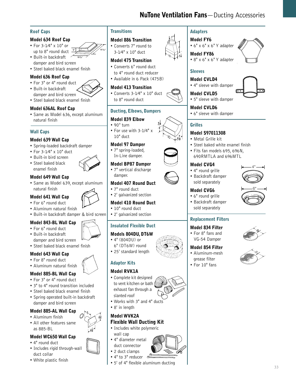 Nutone ventilation fans —ducting accessories | NuTone QTXEN User Manual | Page 33 / 36