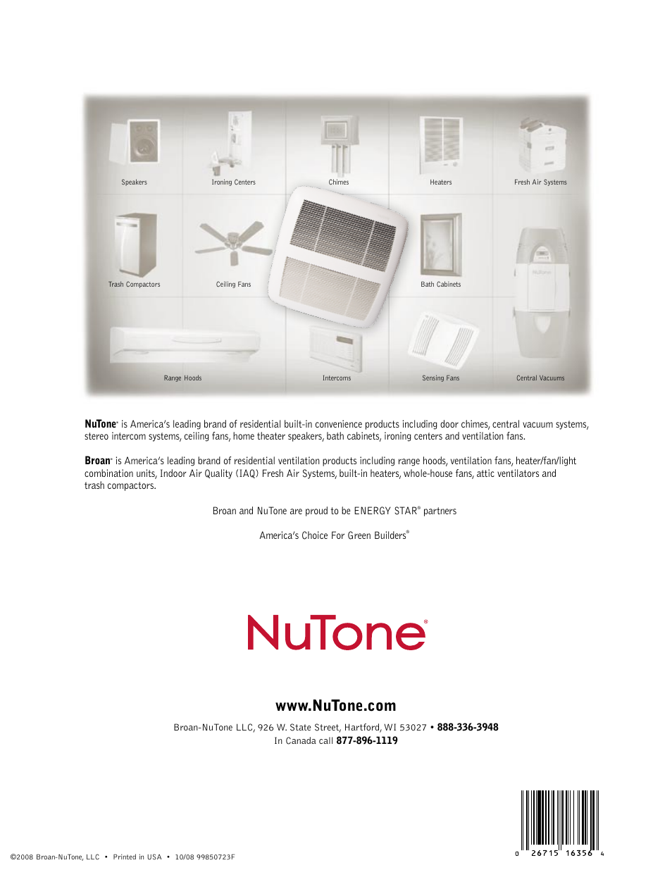 Broan and nutone are proud to be energy star, Partners america’s choice for green builders, Nutone | NuTone QTXEN User Manual | Page 36 / 36